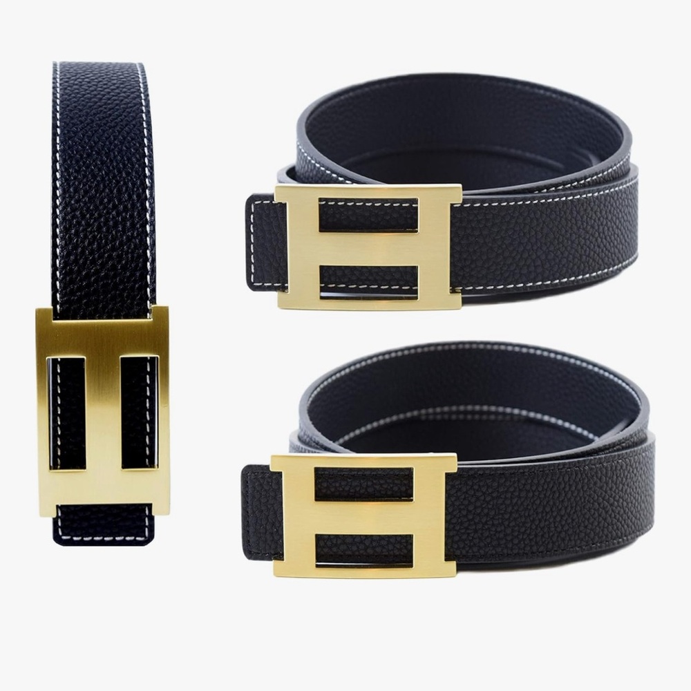 Black Leather Belt with Gold Buckle